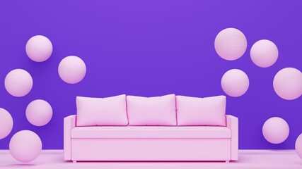 Wall Mural - Interior with sofa and flying pink spheres. Abstract loop animation