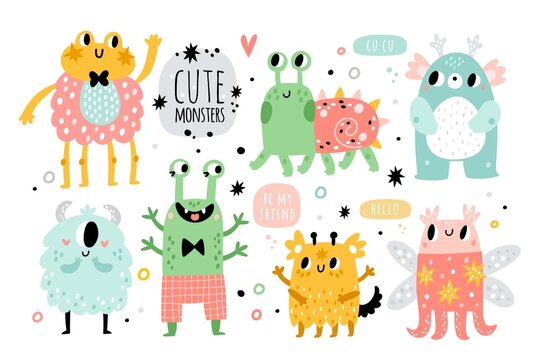 Funny monsters. Cute kids creatures. Fantastic fluffy, toothy and horned cartoon characters. Happy aliens with joyful faces. Childish party decor. Vector adorable bizarre beasts set