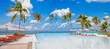 © icemanphotos - Amazing outdoor tourism landscape. Luxurious beach resort with swimming pool seaside beach chairs or loungers under umbrellas with palm trees and blue sky. Summer travel hotel and vacation background