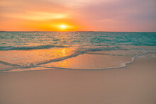 Closeup Sea Sand Beach. Panoramic Beach Landscape. Inspire Tropical Beach Seascape Horizon. Colorful Golden Sunset Sky Calmness Tranquil Relaxing Sunlight Summer Vibes. Vacation Travel Holiday Banner