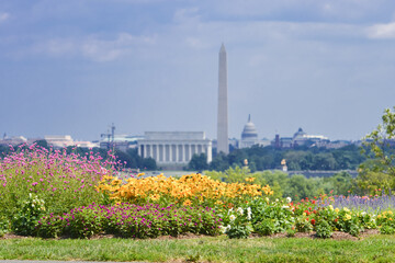 Poster - Washington DC skyline with major monumental buildings including Lincoln Memorial and Washington Monument and the Capitol - Washington DC United States