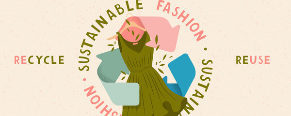 Sustainable fashion. Banner with second hand clothes. Eco-friendly environment. Doodle vector illustration.