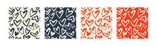 Set With 4 Seamless Patterns In Red And Blue Colors. Vector Backgrounds With Hearts. Great For Fabric, Baby, Valentine's Day, Scrapbook, Surface Textures.