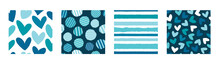 Set Of Vector Patterns In Blue Tones. 4 Backgrounds With Hearts, Stripes, Polka Dots.