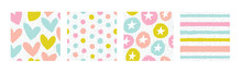 Set Of Vector Patterns In Pastel Colors. 4 Backgrounds With Hearts, Stripes, Polka Dots And Stars.