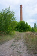 Brick chimney of an abandoned brick factory and an overgrown road in the countryside in Russia on a summer day.