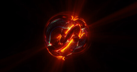 Wall Mural - fiery explosion on black. graphics of orange fire ball, particle energy sphere. abstract technology,
