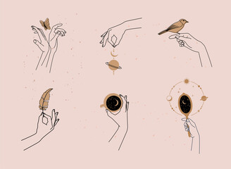 hand drawn vector mystical and astrology signs. liner templates logos or emblems hands in different 