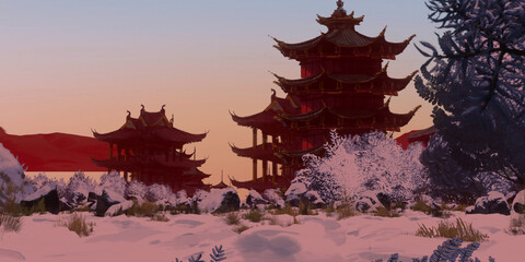 Japanese vintage concept art. Old traditional architecture. Asian winter. Colorful artistic scenery.