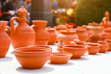 Earthenware, Background With Selective Focus. Terracotta, Toned. Copy Space For Text