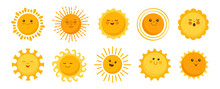 Sun Emotion Cartoon Character Set. Faces Summer Cute Yellow Suns Collection. Solar Funny Childish Sunny. Smiling Shine Sun With Sunbeams. Isolated Abstract Vector Clipart Illustration White Background
