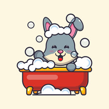 Cute Rabbit Taking Bubble Bath In Bathtub. Cute Cartoon Animal Illustration.