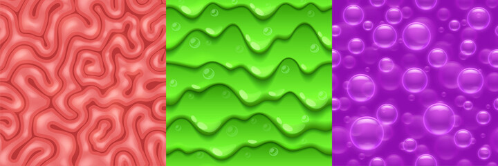 Wall Mural - seamless textures for game brain convolution, dripping green slime and purple soap bubbles. repeated