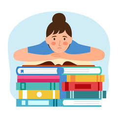 Girl student boring reading in flat design on white background. Boring face with books.