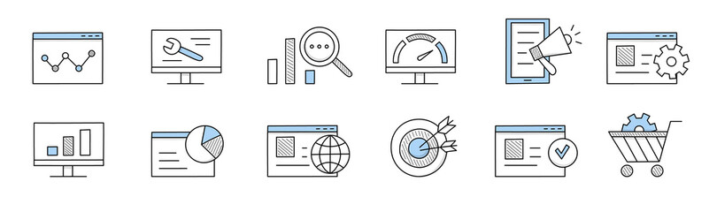 Wall Mural - seo, search engine optimization icons. symbols of internet marketing, digital content analysis and m