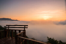 The Beautiful Early Morning Sky With Twilight And Waves Of Fog At Wooden Terrace Of Baan Ja Bo Village Viewpoint Pang Mapha, Mae Hong Son, Northern Thailand.