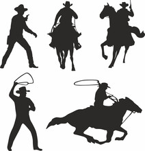 Vector Set Of Silhouettes Of Cowboys. Shadows Of The People Of America. Men With Weapons And Lasso On Horseback.
