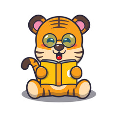 Wall Mural - Cute tiger reading a book. Cute cartoon animal illustration.