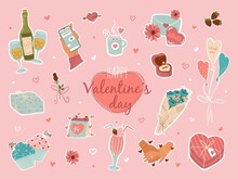 Valentines Day Stickers And Design Elements. Vector Hand Drawn Icons And Stickers. Template For Scrapbook, Logo, Planners, Greeting And Invitation Card. Heart, Flower Bouquet, Sweets, Cupcakes