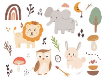 Set Minimalist Aesthetic Baby Forest Animal Cartoon Illustration. Set Animal For Kids Elephant, Lion, Rainbow, Rabbit, Owl