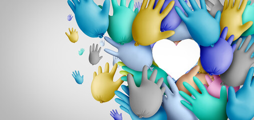 Wall Mural - United health care concept and community hospital Workers or Essential care medical group as a symbol for medicine teamwork as a group of balloon surgical gloves joining together in a heart shape.