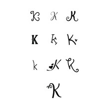 Alphabet Hand Lettering Drawing Set Of 10 Cute Alphabets K. Decorative Letter Shape .Calligraphy Alphabet K Sample Styles For Artist And Printed Design.	
