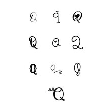 Alphabet Hand Lettering Drawing Set Of 10 Cute Alphabets Q. Decorative Letter Shape .Calligraphy Alphabet Q Sample Styles For Artist And Printed Design.	
