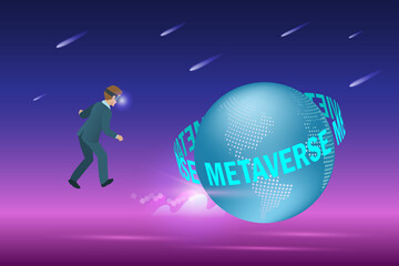 Wall Mural - Metaverse in business workplace virtual reality environment. Businessman wear VR goggle glass experience 3D block chain metaverse in futuristic background.