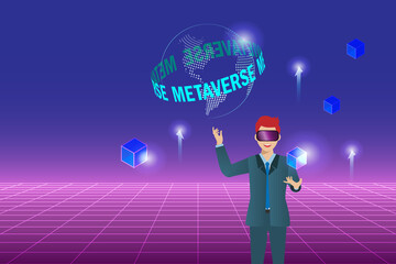 Wall Mural - Metaverse in business workplace virtual reality environment. Businessman wear VR goggle glass experience 3D block chain metaverse in futuristic background.