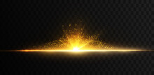 Bright Yellow Light Effect With Rays And Many Small Particles For Vector Illustration.