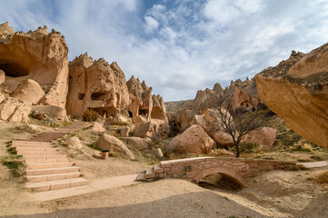 Wall Mural - Zelve Valley in Goreme, Cappadocia, Turkey. Cave town and houses at rock formations.	