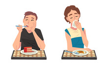 Man And Woman Eating Delicious Meal From Plate Sitting At Table With Checkered Tablecloth Vector Set