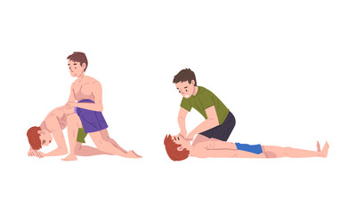 Sticker - Emergency First Aid Procedure with Man Helping Victim Vector Set