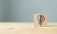 Creative Idea Concept. The Wooden Cubes With Icon; A Half Of Light Bulb And Brain Isolated On Grey Background With Copy Space. Symbol Of Creativity ,new Solution, Innovative Thinking, Team Brainstorm