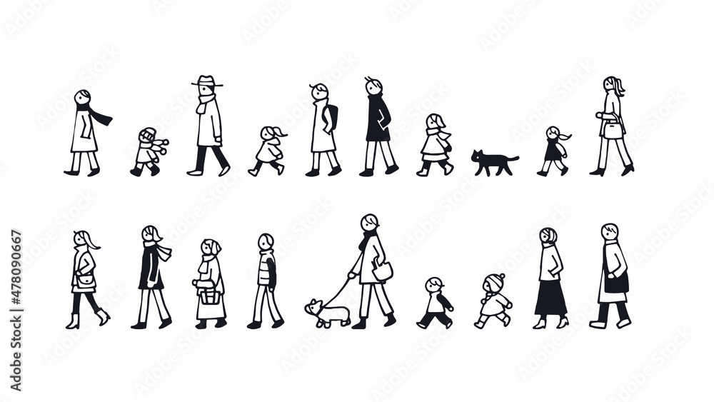 シンプルでかわいい人物イラストセット 歩く人々 老若男女 冬の装い