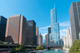 Fototapeta  - Panorama cityscape of Chicago downtown and River with bridges at day time, Chicago, Illinois, USA. A vibrant business neighborhood