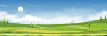 Spring Time,Summer Sunny Day Landscape In Village With Green Field, Cloud And Blue Sky Background.Rural Countryside With Mountain, Grass Land And Sunlight In Morning,Vector Cartoon Nature Banner