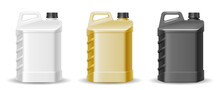 Set Of Plastic Canister With Blank Label. Package Bottle Containers With Handle And Screw Cap Of Oil