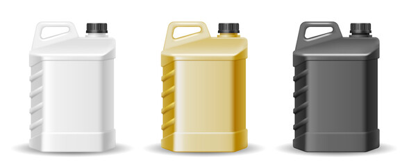 Set of plastic canister with blank label. Package bottle containers with handle and screw cap of oil