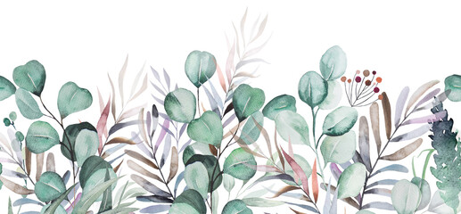  Watercolor light green eucaliptus branches and leaves seamless border illustration