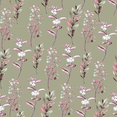  seamless pattern with botanical branches and berries on a beige background, watercolor hand painted