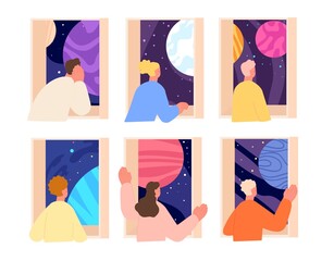 Wall Mural - People dreaming at windows. Peeking woman, window home on sky. Persons relax, looking in universe thinking about future. Romantic mood utter vector set