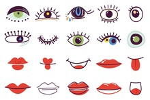 Doodle Abstract Face Elements. Femal Lips, Isolated Color Eyes. Faces Parts, Lady Bohemian Decorations. Funny Red Lip, Doodle Modern Fashion Decent Vector Elements