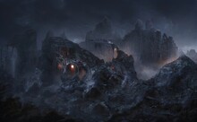 Ruins Old Castle On Mountain, Mystical Fantastic Landscape. Panorama Of The Ruins Of The Castle Of The Kingdom On The Rock. Illustration