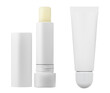 Lip balm tube mockup. Lipstick gloss cosmetic container vector package template. Woman decorative lip moisture tube, lip care ointment or moisturizer balsam. Beauty products cream mock up