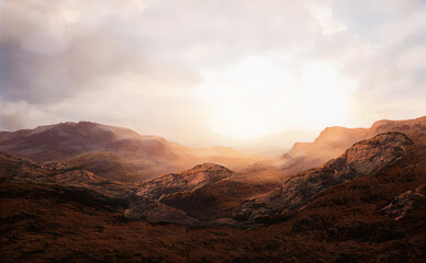 Fototapete - Sunset sunrise Panoramic landscape of fabulous mountains, mountain peaks amazing view. Magical nature sunset in the valley of mountains and ridges. Illustration
