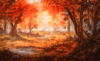 Wall Mural - Autumn Beautiful magical forest fabulous yellow trees. Forest landscape, sun rays illuminate orange leaves and branches of trees. Magical autumn forest. Illustration