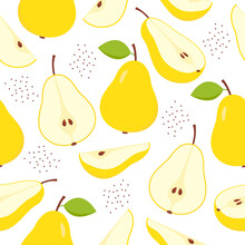 Yellow Pears Pattern. Sweet Slices, Whole And Half Pear Fruits Seamless Pattern. Vector Isolated On White.