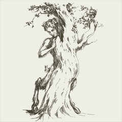 Engraving faun hiding behind the tree.