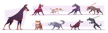 Mad Dogs. Angry Animals With Sharp Teeth Exact Vector Zombie Dogs In Action Poses Standing Walking And Jumping